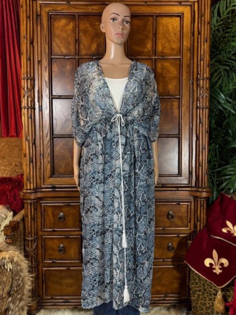 Carlos by Carlos Santana Blue Snake Chiffon Tassel Rope Side Slit Maxi Topper